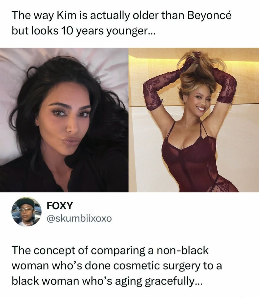 A split image meme featuring Kim Kardashian looking younger than Beyoncé, sparking funny pop culture discussion.