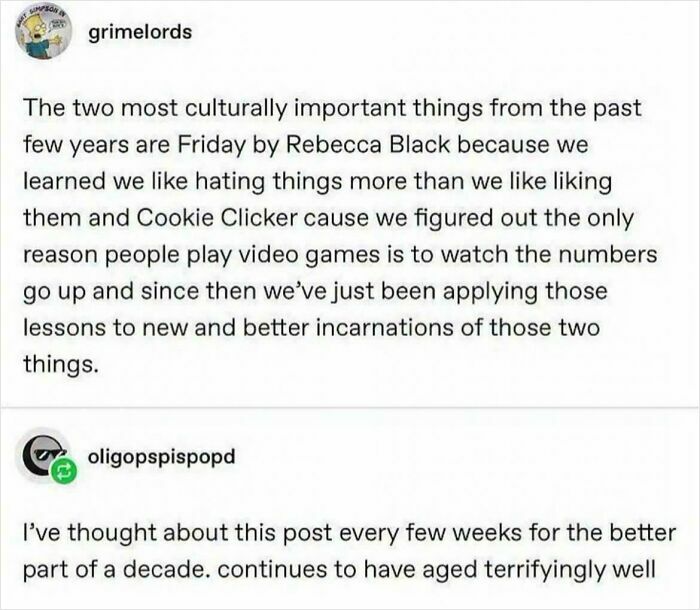 A social media post about Rebecca Black and Cookie Clicker, which aged better than anyone predicted.