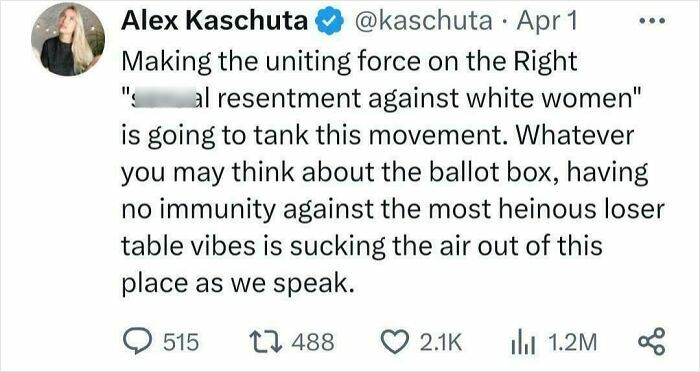 Alex Kaschuta's tweet discussing political resentment, highlighting posts that aged better than predicted.