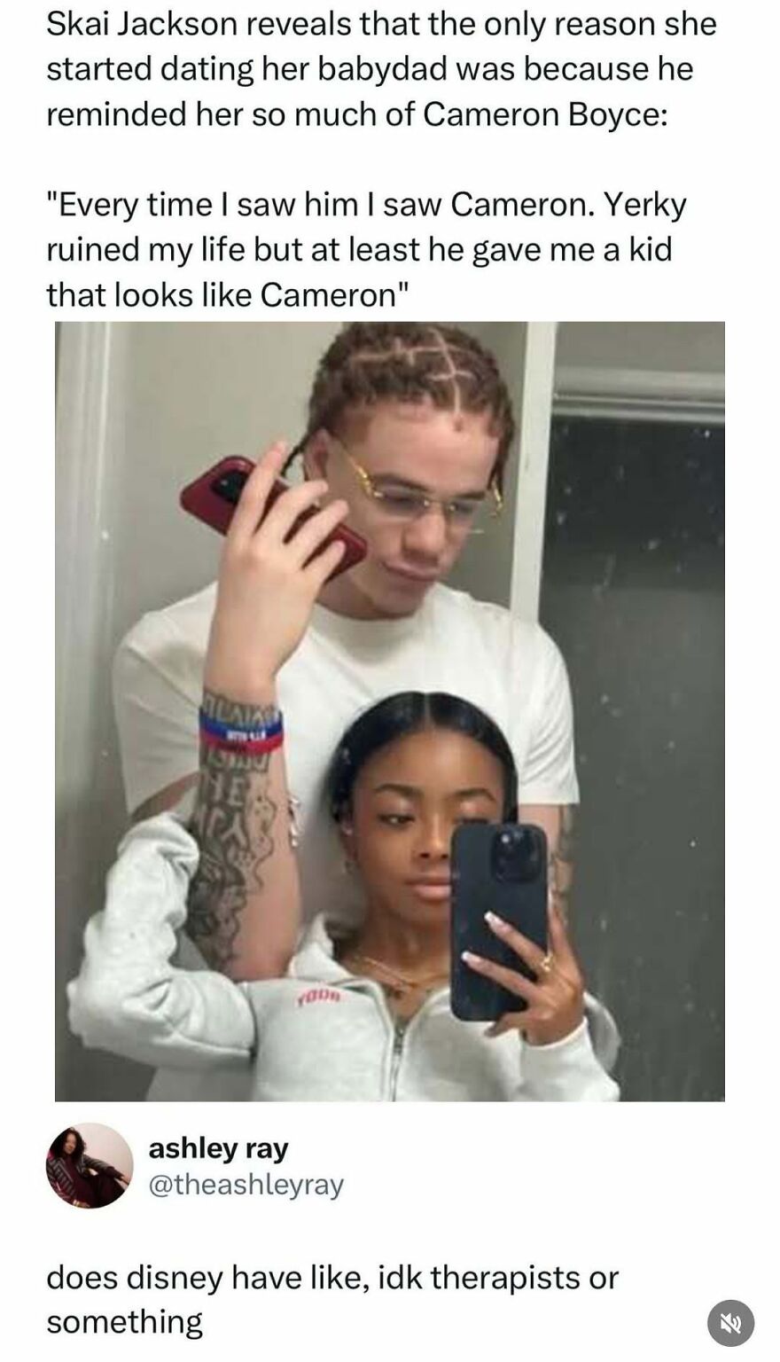 A split image of Skai Jackson and a couple, captioned about her dating choice, generating funny pop culture reactions.
