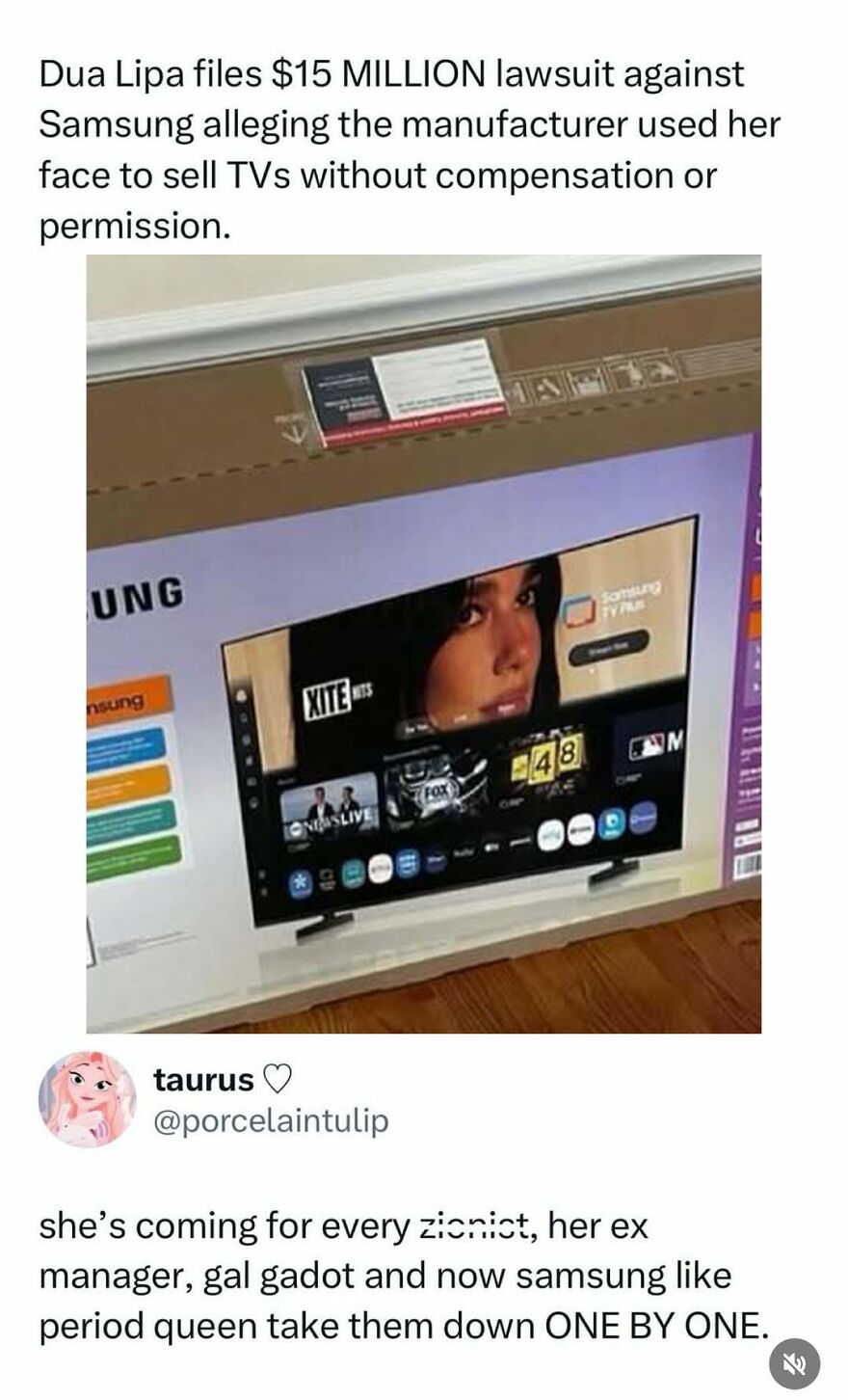 A split image shows Dua Lipa and a Samsung TV displaying her image, part of pop culture posts.