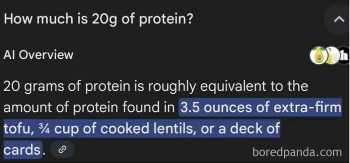A screenshot showing an AI fail where 20 grams of protein is equated to a deck of cards, highlighting the AI's humorous mistake.