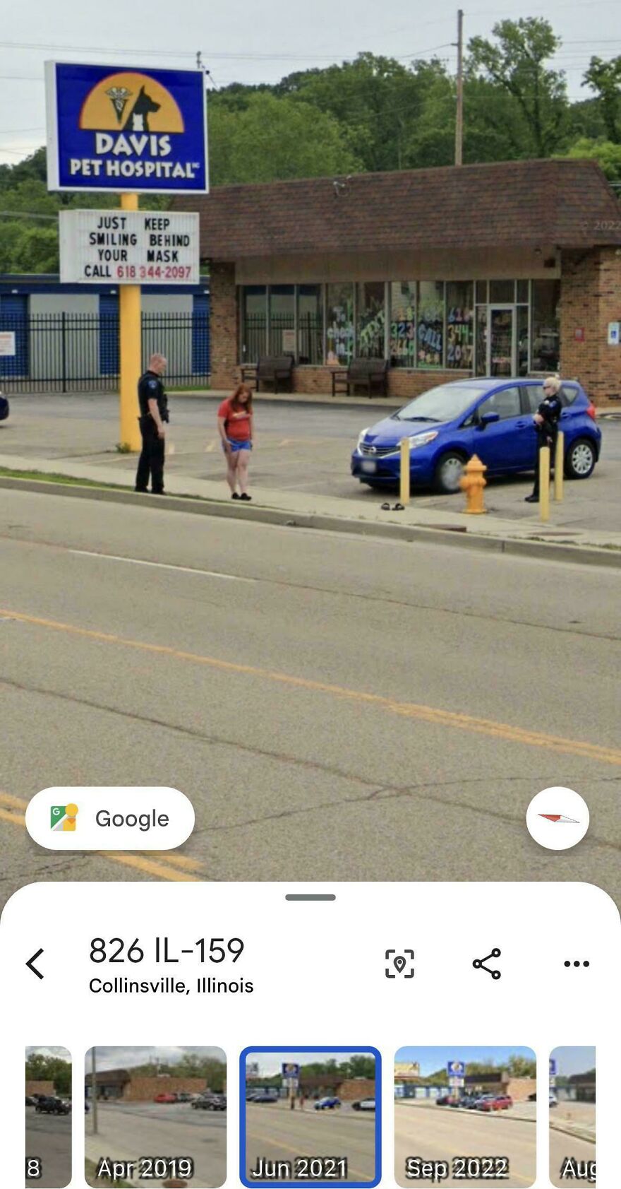 A funny Google Street View photo shows police officers and a blue car near Davis Pet Hospital.