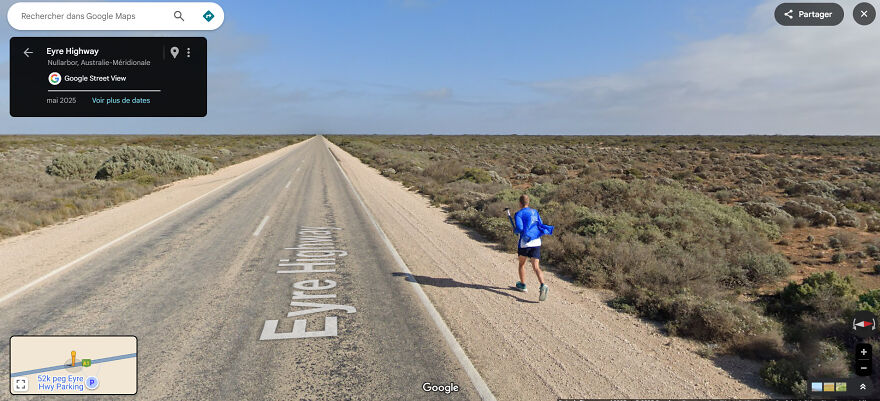 A runner on Eyre Highway, captured by Google Street View, with an expansive desert landscape.