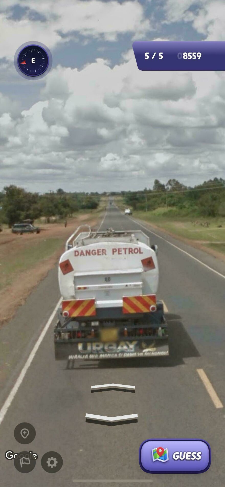 A tanker truck with DANGER PETROL on the back, seen on Google Street View, highlights a bizarre scene.