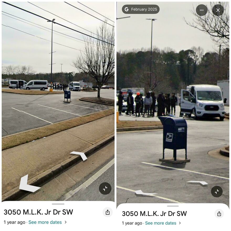 Two Google Street View images side-by-side show the same location a year apart, featuring a funny transformation.