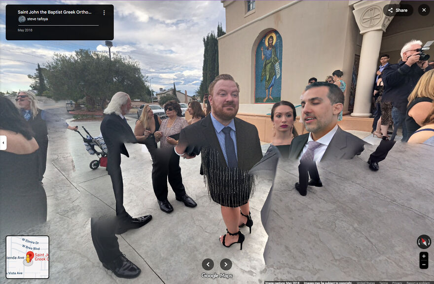 A bizarre Google Street View photo with distorted people in formal wear outside a church, showing funny anomalies.