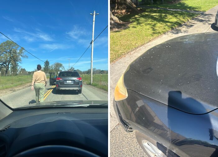 Two images show a woman blocking a road and a car covered in bird droppings, highlighting a lack of basic human decency.