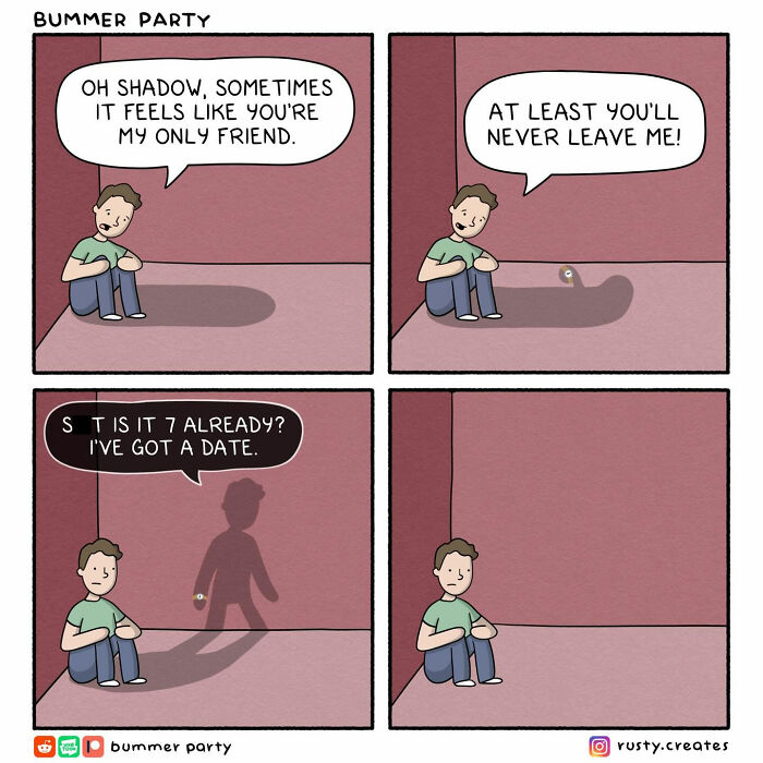 A comic illustrating quirky humor as a person talks to their shadow, who then leaves them for a date.