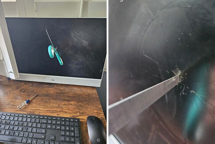 A pair of scissors being used to scratch a computer screen, displaying a lack of human decency.
