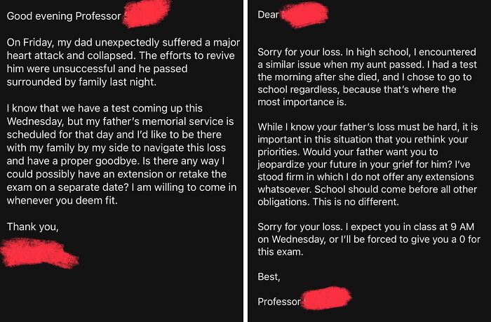 An email exchange showing a professor denying an extension after a father's passing, demonstrating a lack of basic human decency.