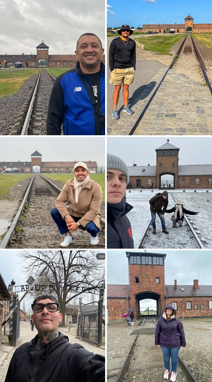A collage of six images, each featuring a person posing at what appears to be Auschwitz, an example of a lack of basic human decency.