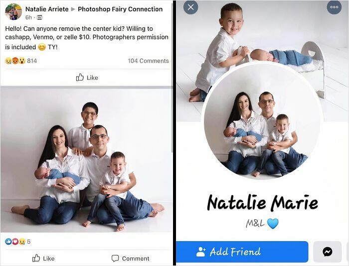 A Facebook post asking to photoshop a child out of a family photo, highlighting a lack of basic human decency.