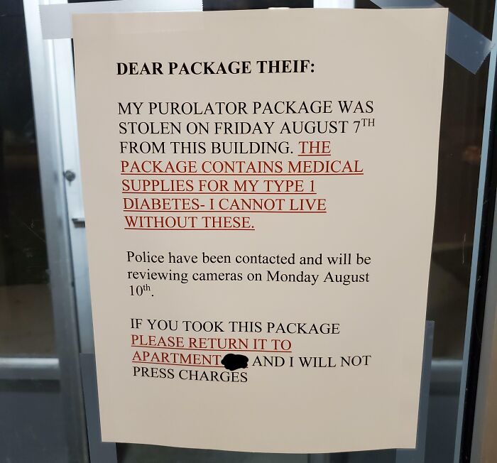 A printed note about a stolen package of medical supplies, highlighting a lack of basic human decency.