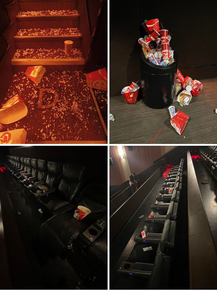 A movie theater aisle and stairs covered in popcorn and trash, showing a lack of basic human decency.