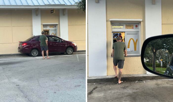 A man in a drive-thru, out of his car, standing at the window in flip-flops, showing a disregard for basic human decency.