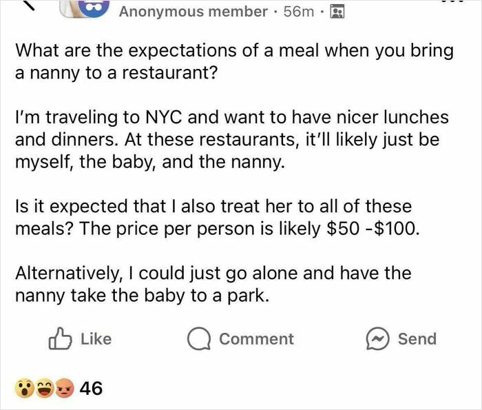 A social media post questioning if a nanny should be included in restaurant meals, highlighting a lack of basic human decency.