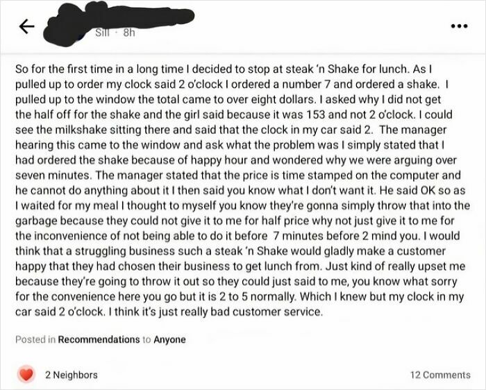 A customer's complaint about poor service at Steak 'n Shake, reflecting a lack of basic human decency from the business.