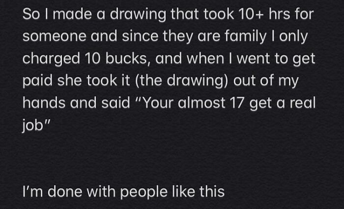 Screenshot of text detailing an artist's unfair treatment by family, a display of lacking basic human decency.