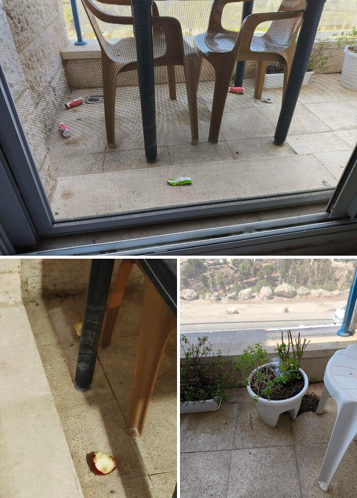 A messy balcony with trash and an apple core on the ground, showcasing a lack of basic human decency.