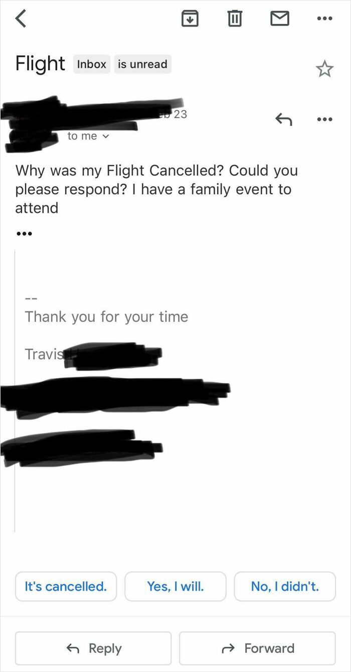 A screenshot of a Gmail email where the sender asks why their flight was canceled, lacking basic human decency.