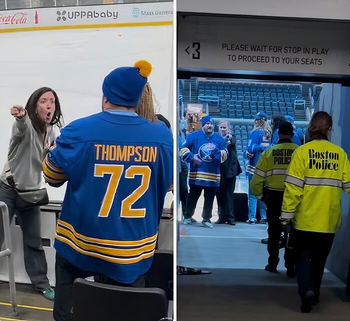 Two images depict a woman displaying a lack of basic human decency, yelling at a man, and then police escorting people.