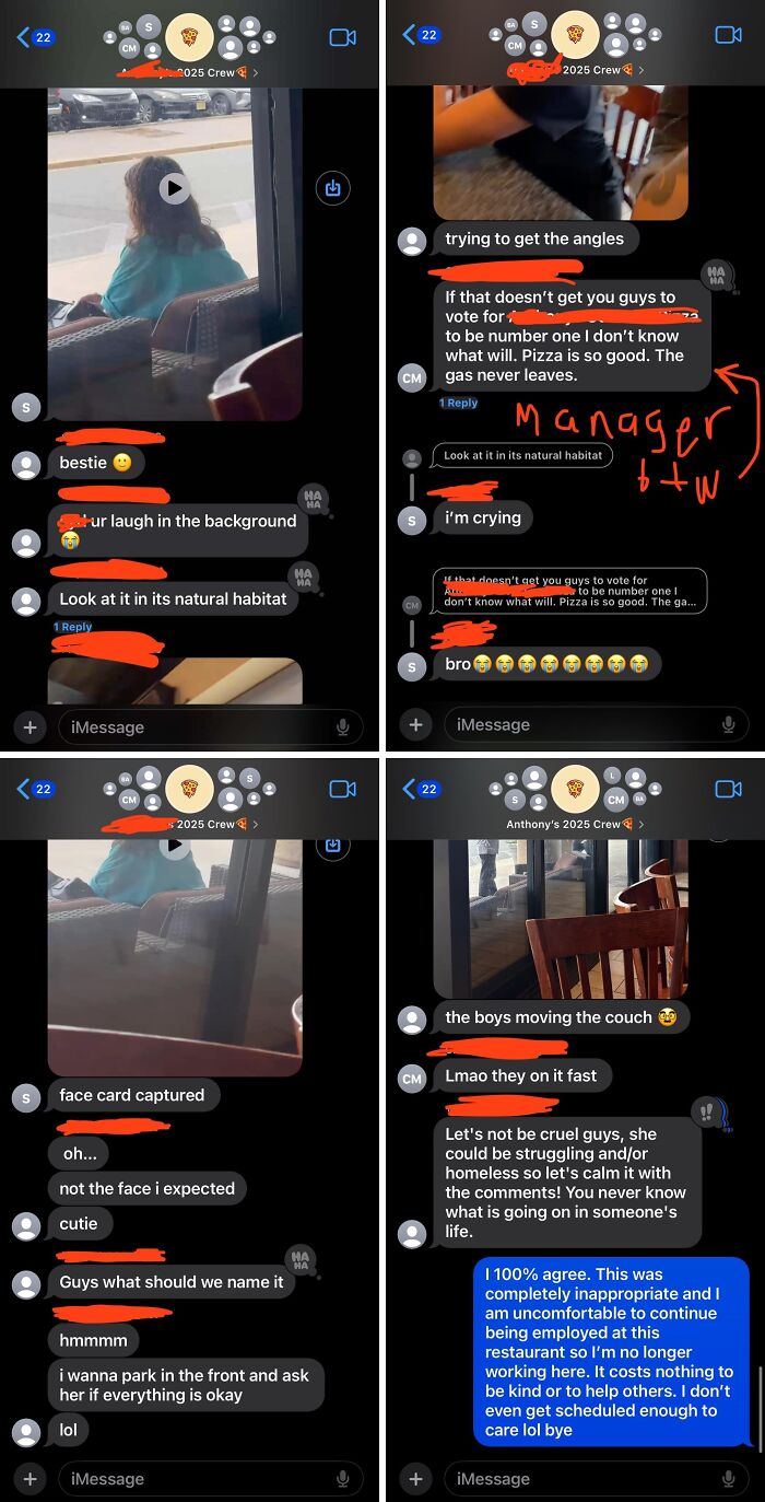 Screenshots of a group chat mocking a restaurant manager, depicting a lack of basic human decency.