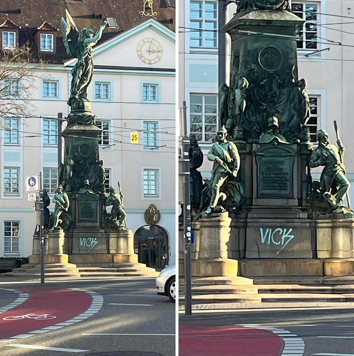 Historic statue defaced with graffiti, demonstrating a lack of basic human decency and respect.