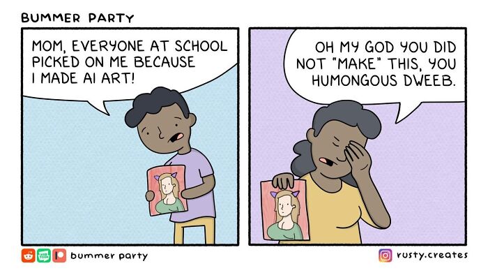 A funny comic depicting a mom's reaction to her child claiming to have made AI art, showing quirky humor.