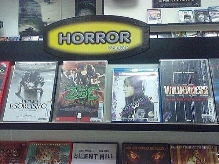 A Justin Bieber DVD in the horror section of a store, a funny when you see it picture.