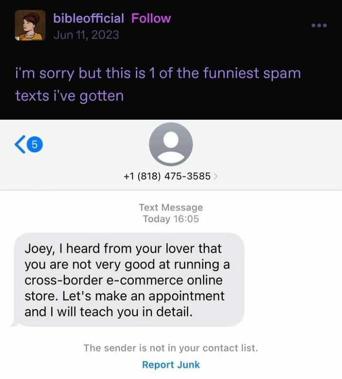 A screenshot of a funny spam text message about running an e-commerce online store, featured in a collection of fever dream memes.