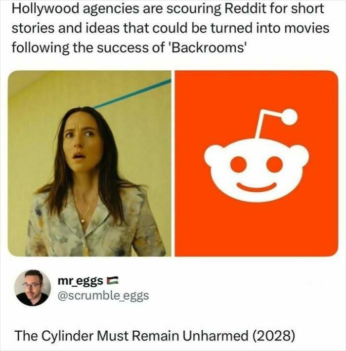 A meme combining a woman looking shocked and the Reddit logo, discussing Hollywood agencies scouring Reddit for stories, a fever dream meme.