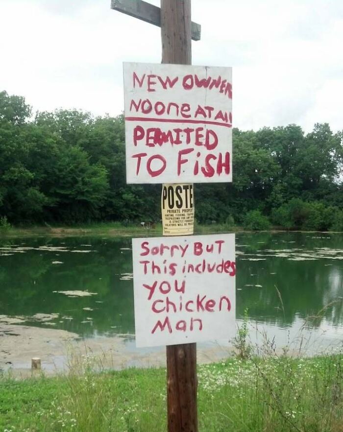 A hand-drawn sign on a wooden post that says New owner, no one permitted to fish, sorry but this includes you, chicken man, a fever dream meme.