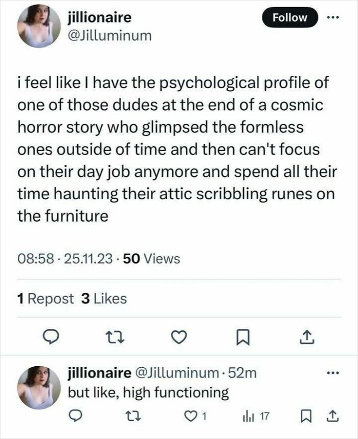 A social media post with text that feels like a fever dream about psychological profiles and cosmic horror.