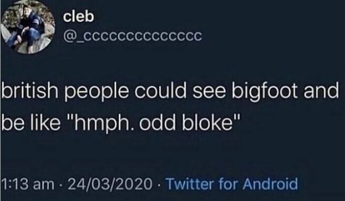 A tweet that feels like a fever dream, saying British people would calmly react to seeing Bigfoot.