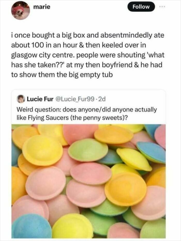 A Twitter conversation about eating 100 Flying Saucers sweets in an hour, a funny fever dream meme.