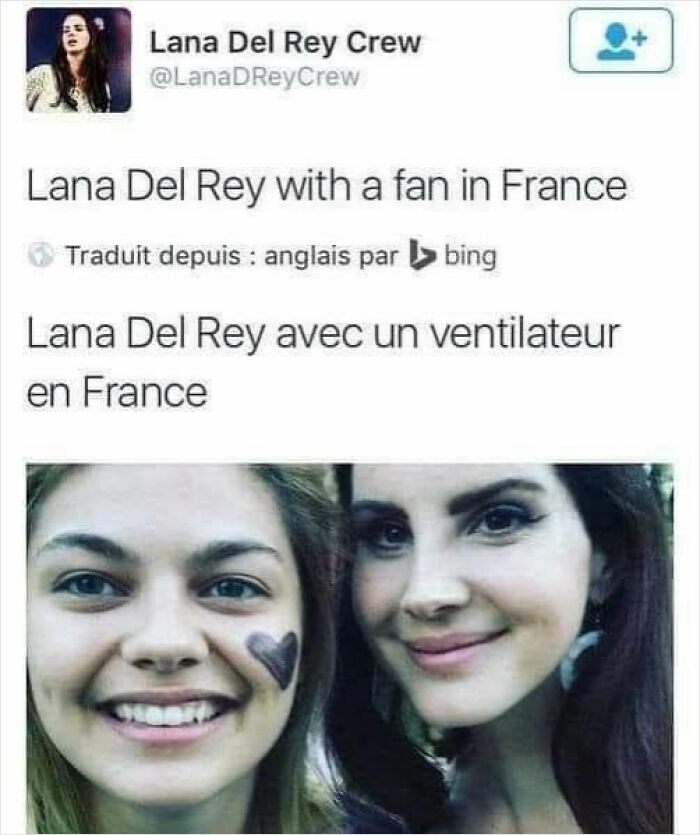 A fever dream meme showing Lana Del Rey with a fan, mistranslated as Lana Del Rey with a ventilator in France.