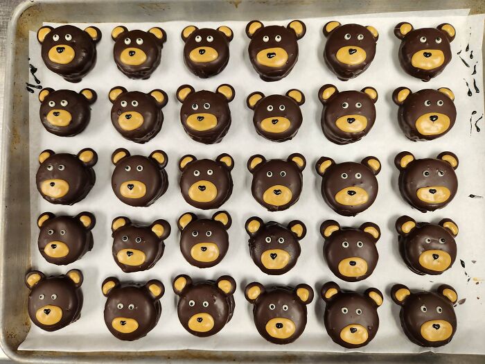 A tray full of cute bear-shaped treats, showcasing delicious baking skills.
