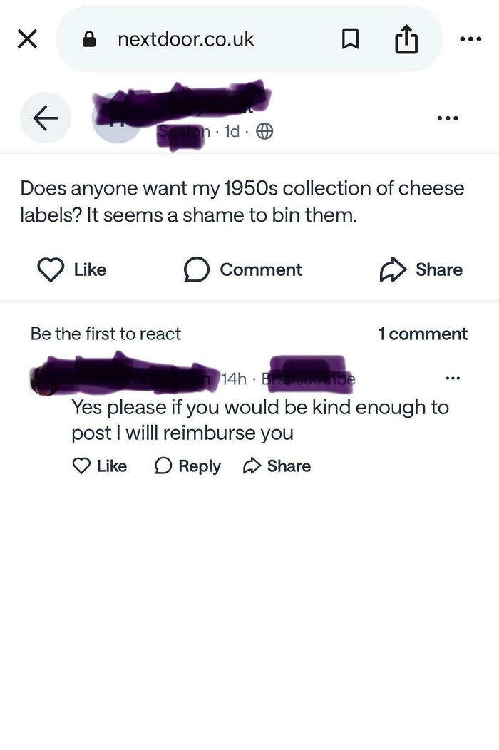 A screenshot from a neighborhood online community, a funny post offering a 1950s cheese label collection.