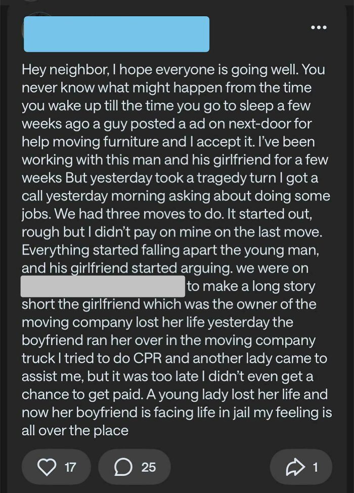A screenshot from a neighborhood online community detailing a tragic event during a furniture move.