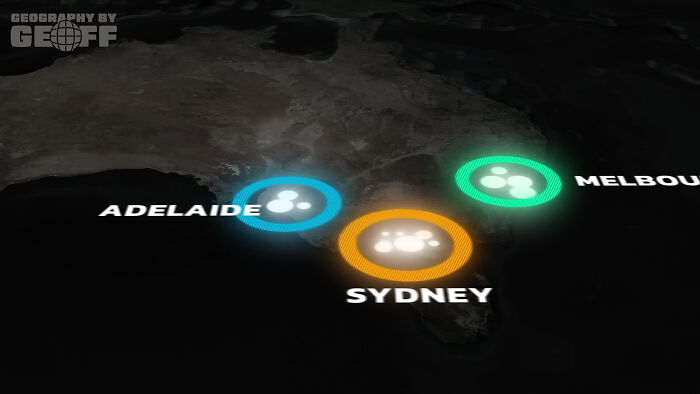 A map of Australia highlighting Adelaide, Sydney, and Melbourne with glowing circles, indicating interesting posts about Aussie locations.