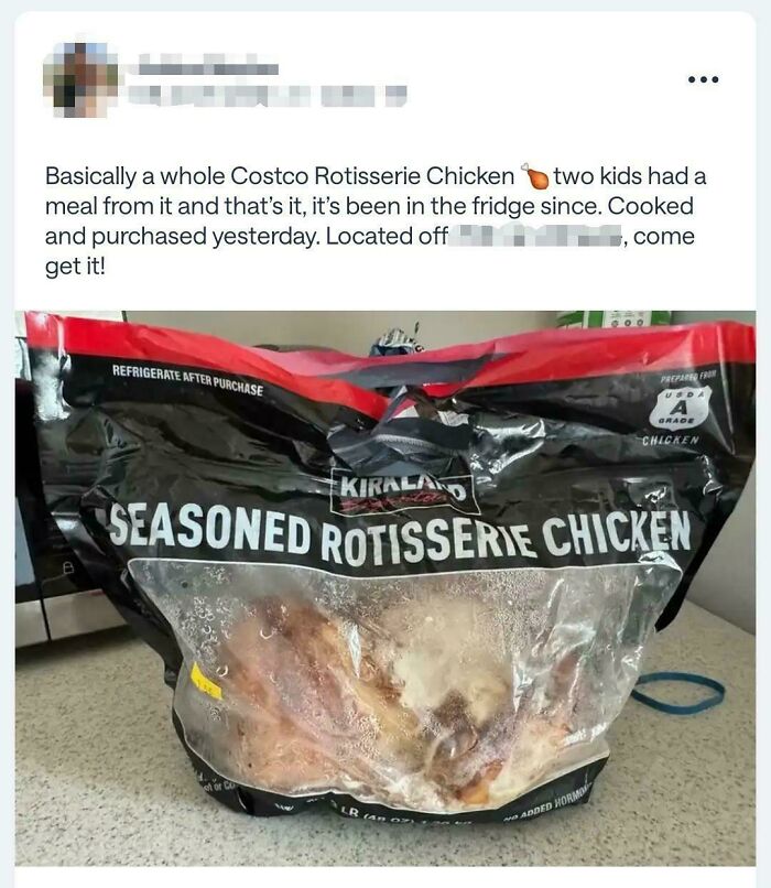 A screenshot from a neighborhood online community, showing a partially eaten Costco Rotisserie Chicken.