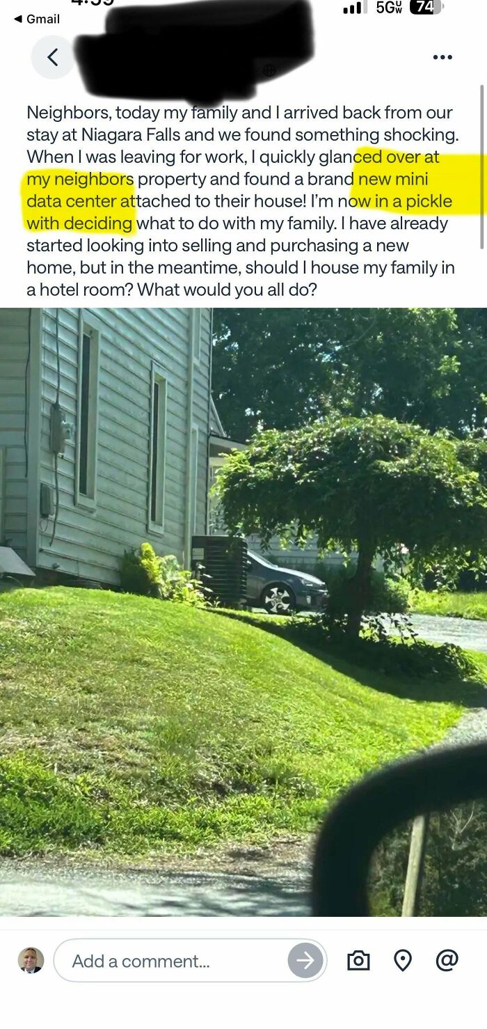 A screenshot from a neighborhood online community, highlighted text about neighbors building a mini data center.