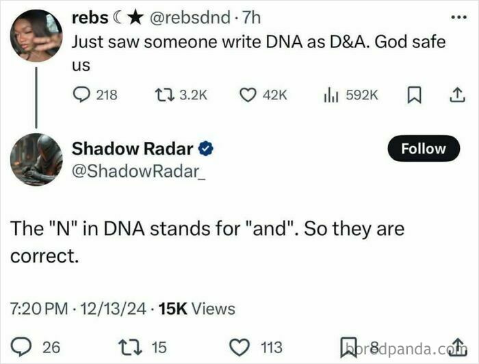 A Twitter exchange featuring iconic self-burns where a user incorrectly states the N in DNA stands for and, exemplifying iconic self-burns.
