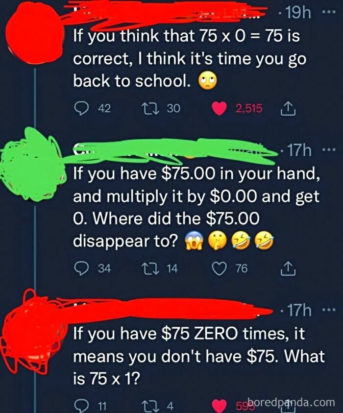 A social media exchange showcasing an iconic self-burn related to a basic math problem, highlighting moments of stupidity.