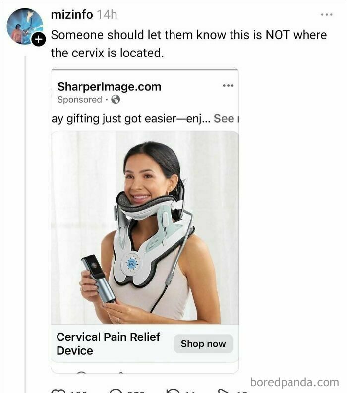 A social media post featuring an iconic self-burn, pointing out the incorrect placement of a Cervical Pain Relief Device and highlighting stupidity.