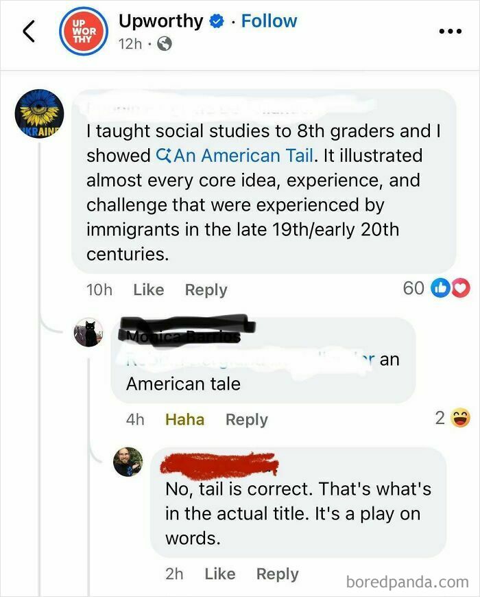 An iconic self-burn from a social media post where someone misunderstands 'An American Tail' as 'An American Tale,' illustrating stupidity.