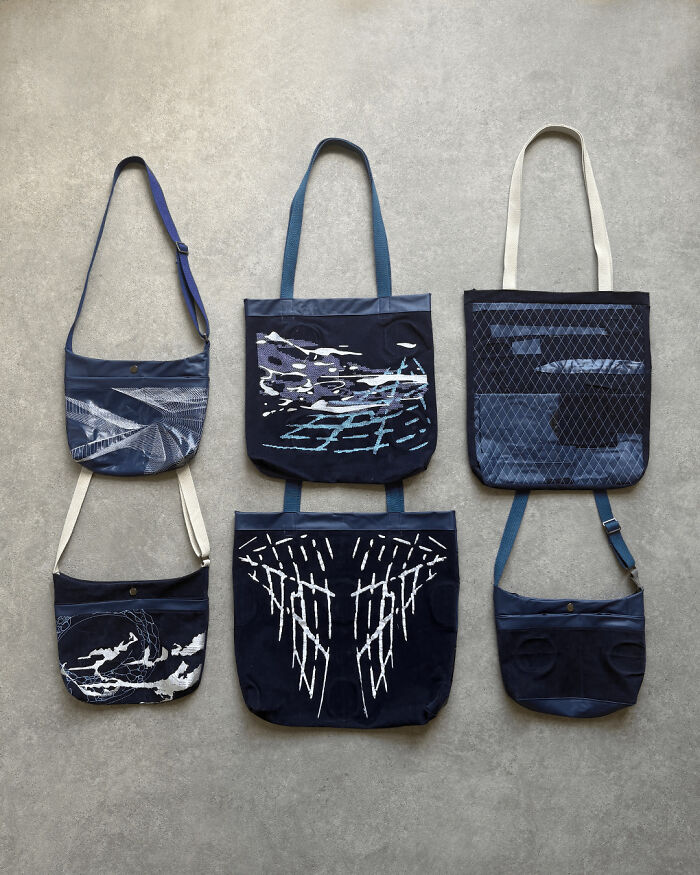 Six unique handmade bags, including shoulder bags and tote bags, repurposed from discarded materials.