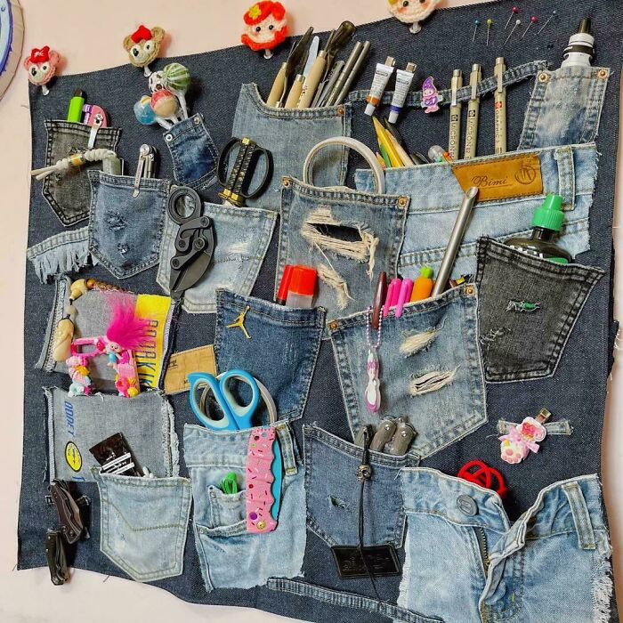 Creative organizer made from recycled denim pockets, showcasing things made out of things that would have been thrown away.