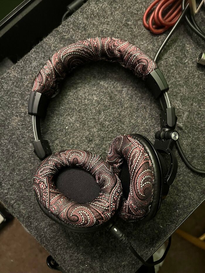 Headphones with patterned fabric made out of unexpected things that would've been thrown away